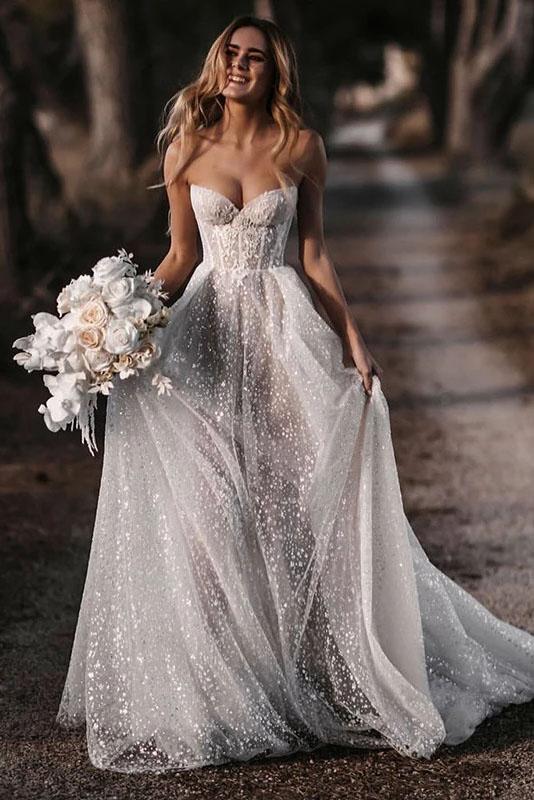 Shiny Glitter Strapless Wedding Dresses A Line Sweetheart Elegant Long Demodresses Shiny Glitter Strapless Wedding Dresses A Line Sweetheart Elegant Long Demodresses
