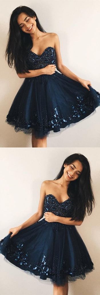 Cheap A-Line Sweetheart Navy Blue Tulle Short Homecoming Dress with Beading DMC40