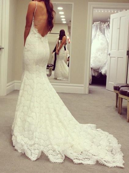 Mermaid Sweetheart Spaghetti Straps Lace Backless Court Train Wedding Dress DMB03