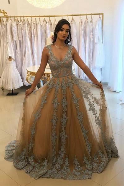 A-Line V-Neck Tulle Long Prom Dress with Lace Appliques DMH6