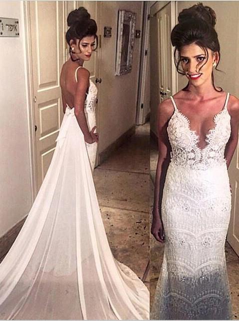 Elegant Spaghetti Straps Mermaid Long Lace Backless Wedding Dresses with Court Train DMB02