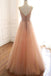 A Line Lace Up Back Spaghetti Straps Evening Dresses Coral Tulle Sequins Prom Dresses DMS15