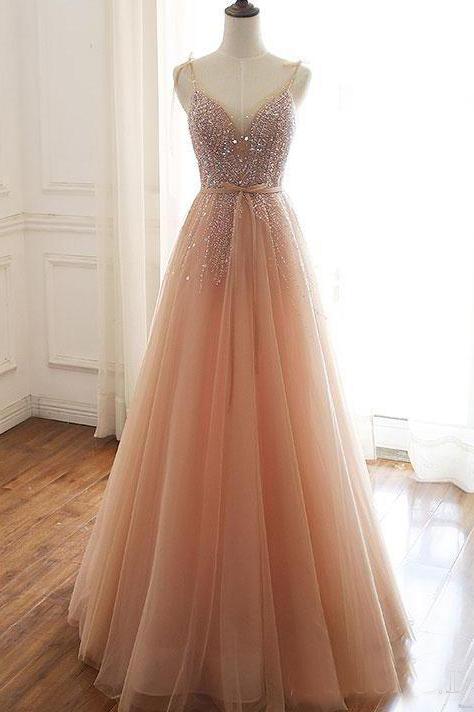 A Line Lace Up Back Spaghetti Straps Evening Dresses Coral Tulle Sequins Prom Dresses DMS15