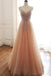 A Line Lace Up Back Spaghetti Straps Evening Dresses Coral Tulle Sequins Prom Dresses DMS15