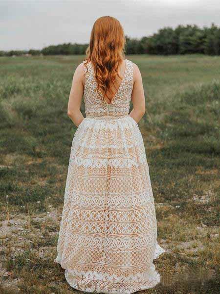 Ivory V Neck Long Lace Plus Size Prom Dresses with Pocket Vintage Formal Dress DMH66