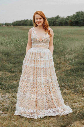 Ivory V Neck Long Lace Plus Size Prom Dresses with Pocket Vintage Formal Dress DMH66