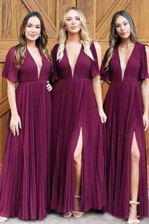 V Neck Short Sleeve Burgundy Long Bridesmaid Dresses Side Slit DMO20
