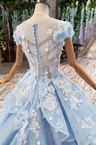 Princess Light Sky Blue Prom Dress with Flowers, Ball Gown Quinceanera Dress DMP50
