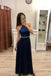 A Line Navy Blue Chiffon Long Prom Dresses,Cheap Party Dresses DMI81