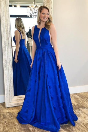 Charming A-Line Crew Floor-Length Royal Blue Printed Satin Prom Dresses DMJ9