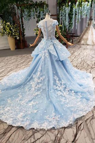 Princess Light Sky Blue Prom Dress with Flowers, Ball Gown Quinceanera Dress DMP50