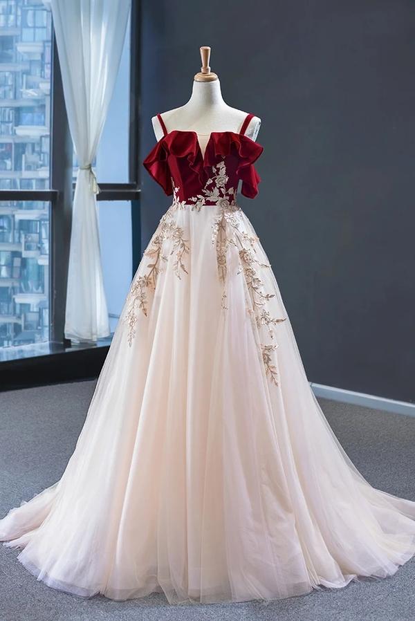 Vintage Red Top Straps Tulle Formal Dress, Elegant Appliques Prom Dress DMP021