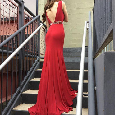Red Deep V Neck Mermaid Evening Prom Dresses, Long Sexy Party Prom Dress DM118