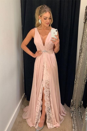 V Neck A Line Pink Chifon Long Front Split Prom Dress Evening Party Dresses DMP109