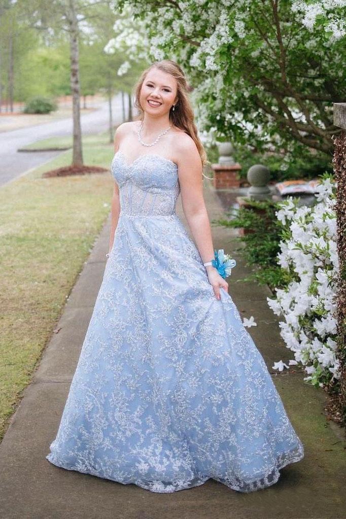 Vintage Sky Blue Long Strapless Prom Dresses For Teens DMO93