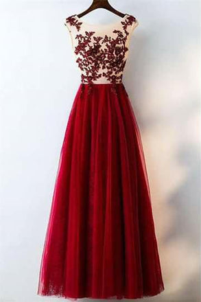Charming Red A Line Long Tulle Lace Appliques Prom Dresses DMC21