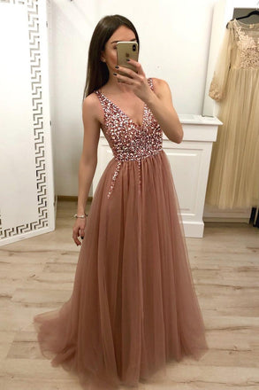 A Line V Neck Tulle Long Beaded Prom Dress, Cheap Evening Gown DMH57