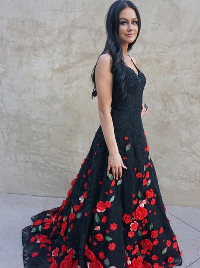 A-Line Spaghetti Straps Black Sweep Train A Line Prom Dress with Flowers DMI74