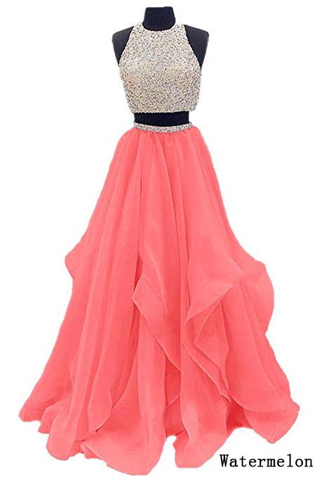 Two Piece Floor Length Burgundy Prom Dress Beaded Open Back Evening Gown DM603
