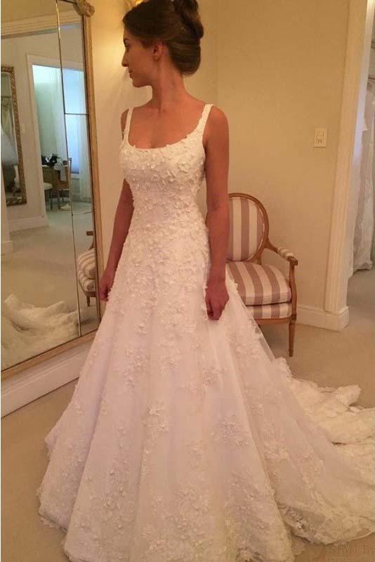 Elegant A Line Appliques Scoop Long Wedding Dresses DME93