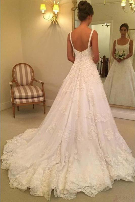Elegant A Line Appliques Scoop Long Wedding Dresses DME93