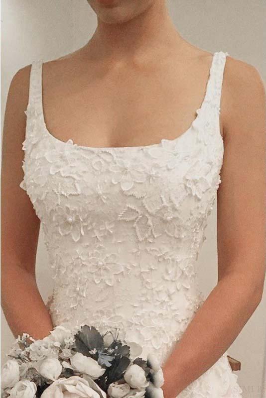 Elegant A Line Appliques Scoop Long Wedding Dresses DME93