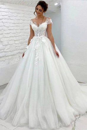 A-Line/Princess Tulle Lace Appliques Short Sleeves Wedding Dresses DM1833