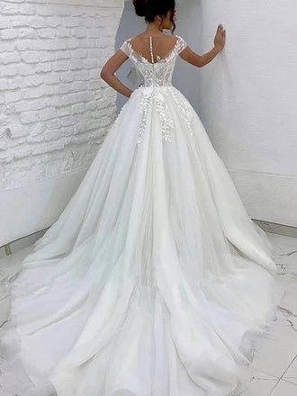 A-Line/Princess Tulle Lace Appliques Short Sleeves Wedding Dresses DM1833
