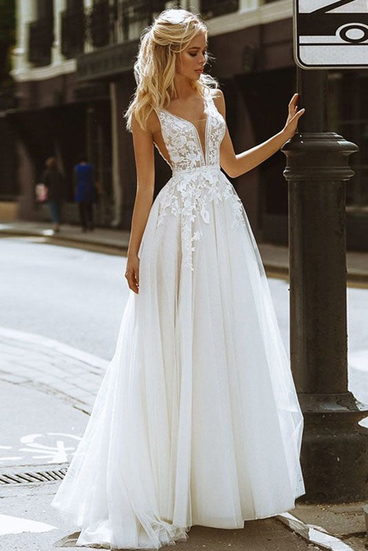 A-Line Tulle Lace Appliques V-neck Sleeveless Long Wedding Dresses DM1873