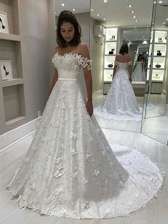 Elegant A-line Lace Appliques Wedding Dresses, Popular Off Shoulder Wedding Gowns DM1949