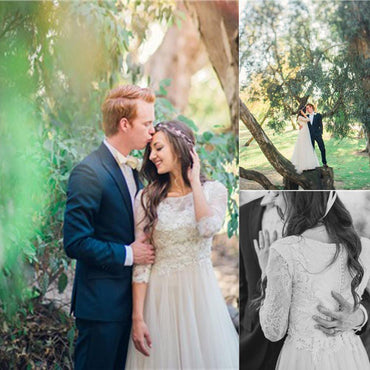 Princess A-line Lace Tulle Wedding Dresses,Scoop Neck 3/4 Sleeve Long Bridal Gowns DM376