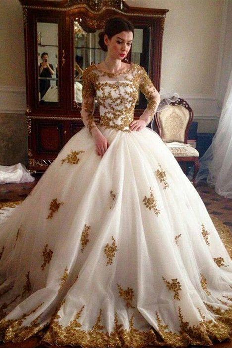 Vintage Gold Lace Appliques Beaded Long Sleeves Wedding Dresses Ball Gowns DMG81