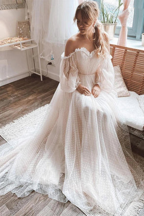 Long Sleeves Off Shoulder Wedding Dressesm Princess Boho A-line Wedding Dresses DM1946