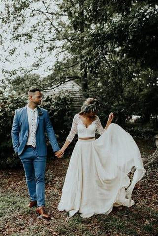 Boho Ivory Chiffon 3/4 Sleeves Two Piece Cheap Wedding Dress DMN88