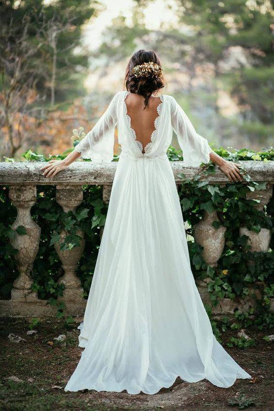 Sexy Ivory Lace 3/4 Long Sleeve Backless Summer Chiffon Plus Size Beach Wedding Dresses DM271