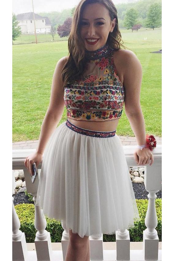 Off White Two Piece Embroidery High Neck Tulle Homecoming Dress DMM27