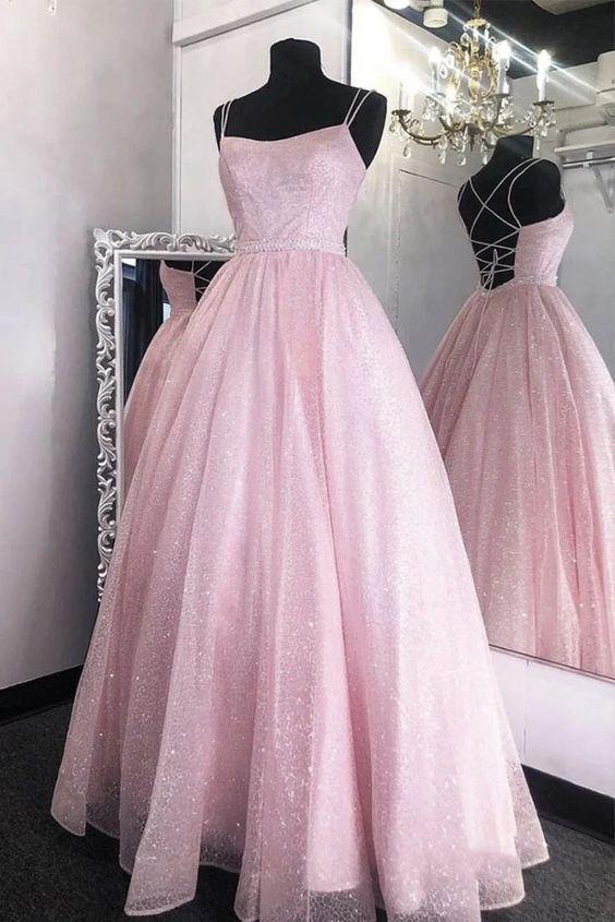 Lilac Spaghetti Straps Sparkly A Line  Long Prom Dress, Shiny Formal Evening Dress DM1001