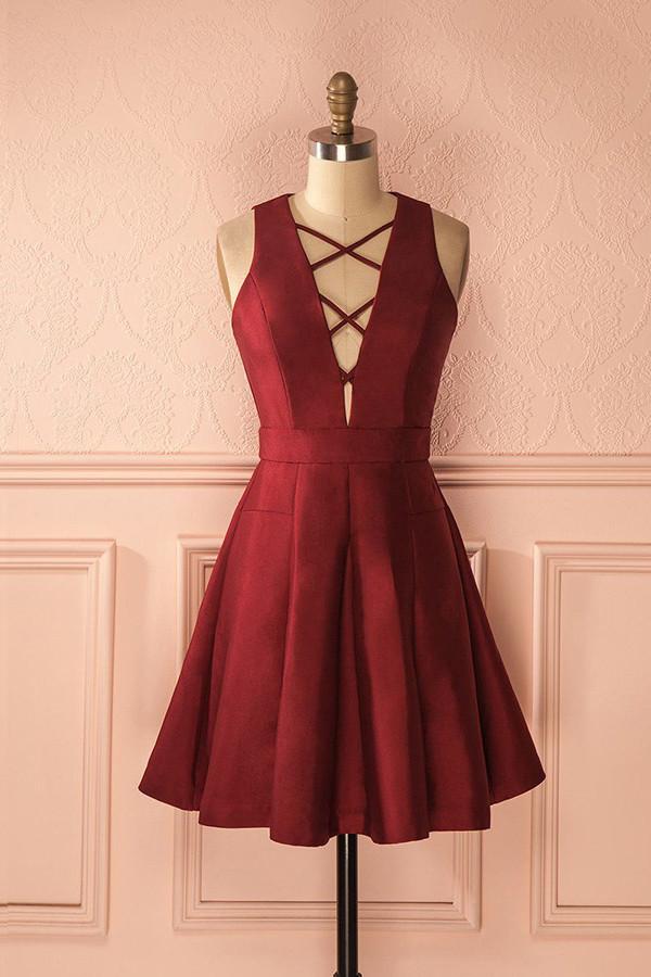 Simple Burgundy Satin A-line Deep V-neck Short Homecoming/Prom Dresses,Graduation Dresses DM424