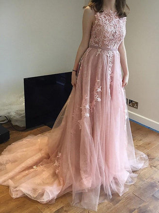 A-Line Court Train Backless Pink Tulle Prom Dress with Lace Appliques DME41