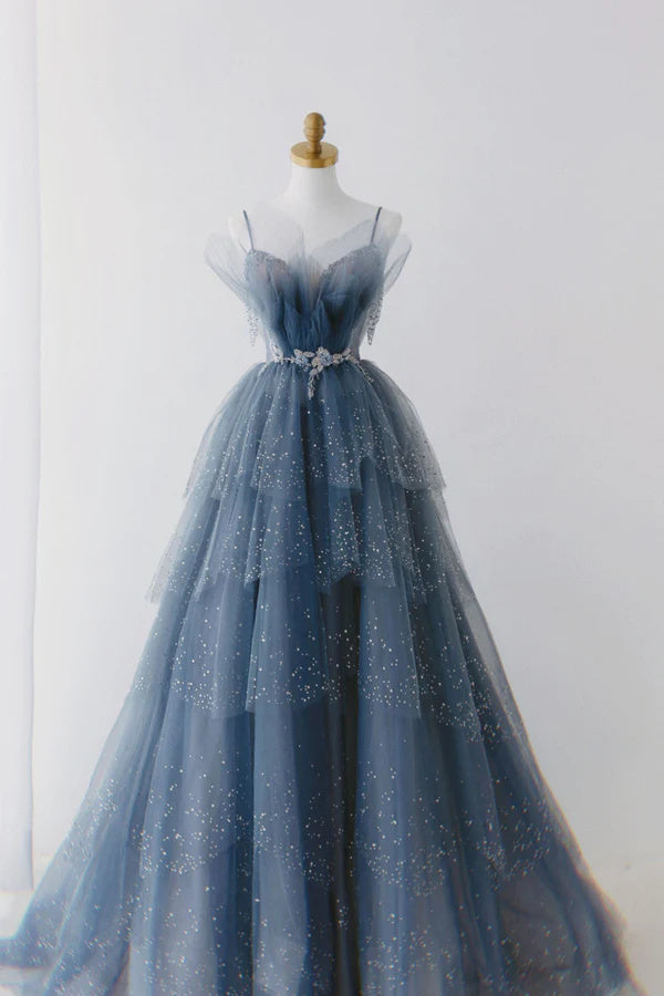 Dusty Blue Sparkly Tulle Beaded Prom Dress, Tiered Formal Gown With Rh – Demodresses Dusty Blue Sparkly Tulle Beaded Prom Dress, Tiered Formal Gown With Rh – Demodresses