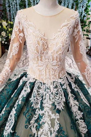 Green Long Sleeves Ball Gown Lace Prom Dress with Appliques, Long Prom Gown DMP51