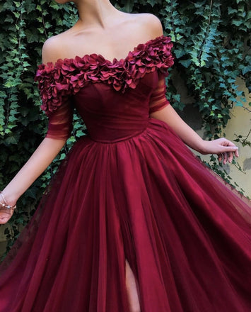 Burgundy Off the Shoulder Maroon A Line Long Tulle Pom Dresses 2019 DMG91