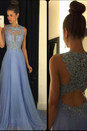 Lace Applique Beads Formal Long Chiffon A Line Prom Dresses DMG94