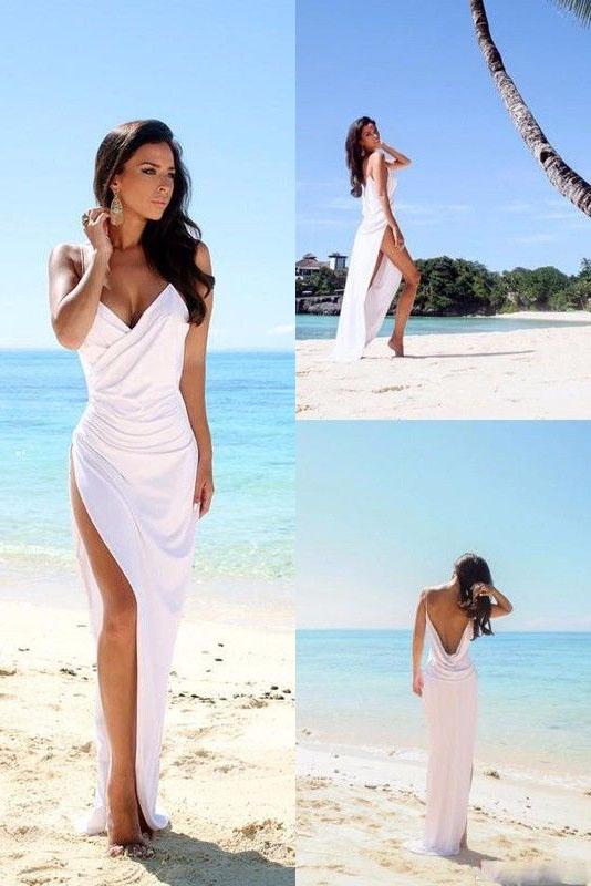 Sexy Backless Beach Bridal Dress,Slit Spaghetti Straps Summer White Wedding Gown DM260