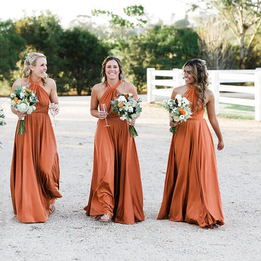 A Line Halter Orange Cheap Long Bridesmaid Dresses DMG57