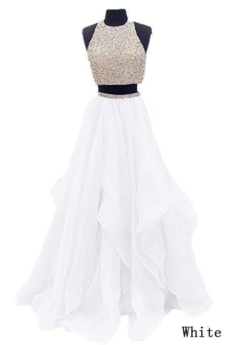 Two Piece Floor Length Burgundy Prom Dress Beaded Open Back Evening Gown DM603