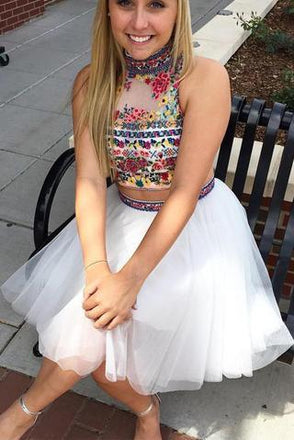 Off White Two Piece Embroidery High Neck Tulle Homecoming Dress DMM27