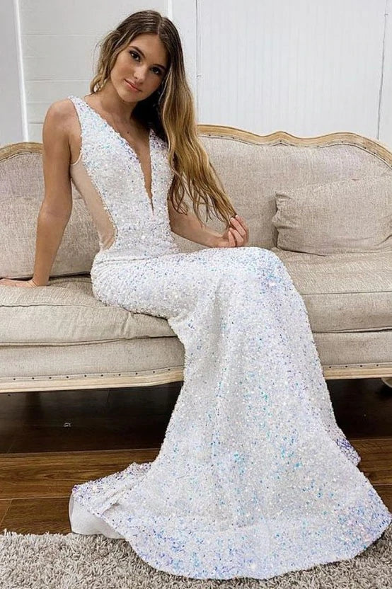 White Deep V Neck Mermaid Prom Gown, Elegant Sequined Long Party Dresses DMP157