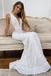 White Deep V Neck Mermaid Prom Gown, Elegant Sequined Long Party Dresses DMP157