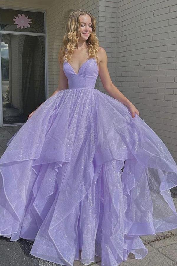 Princess Lavender Tiered Spaghetti Straps A Line Long Prom Dress DMP024